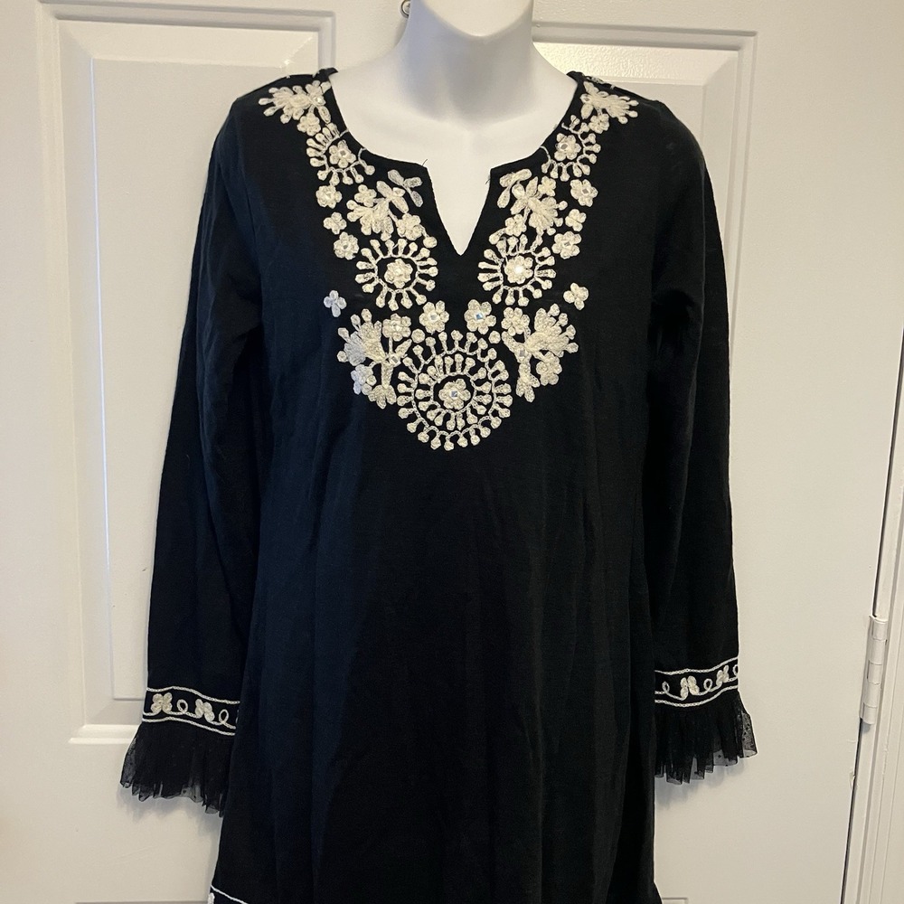 Young Threads NWT Black Dress Ruffle Lace Hem Embroidered Artsy‎ Boho Hippie